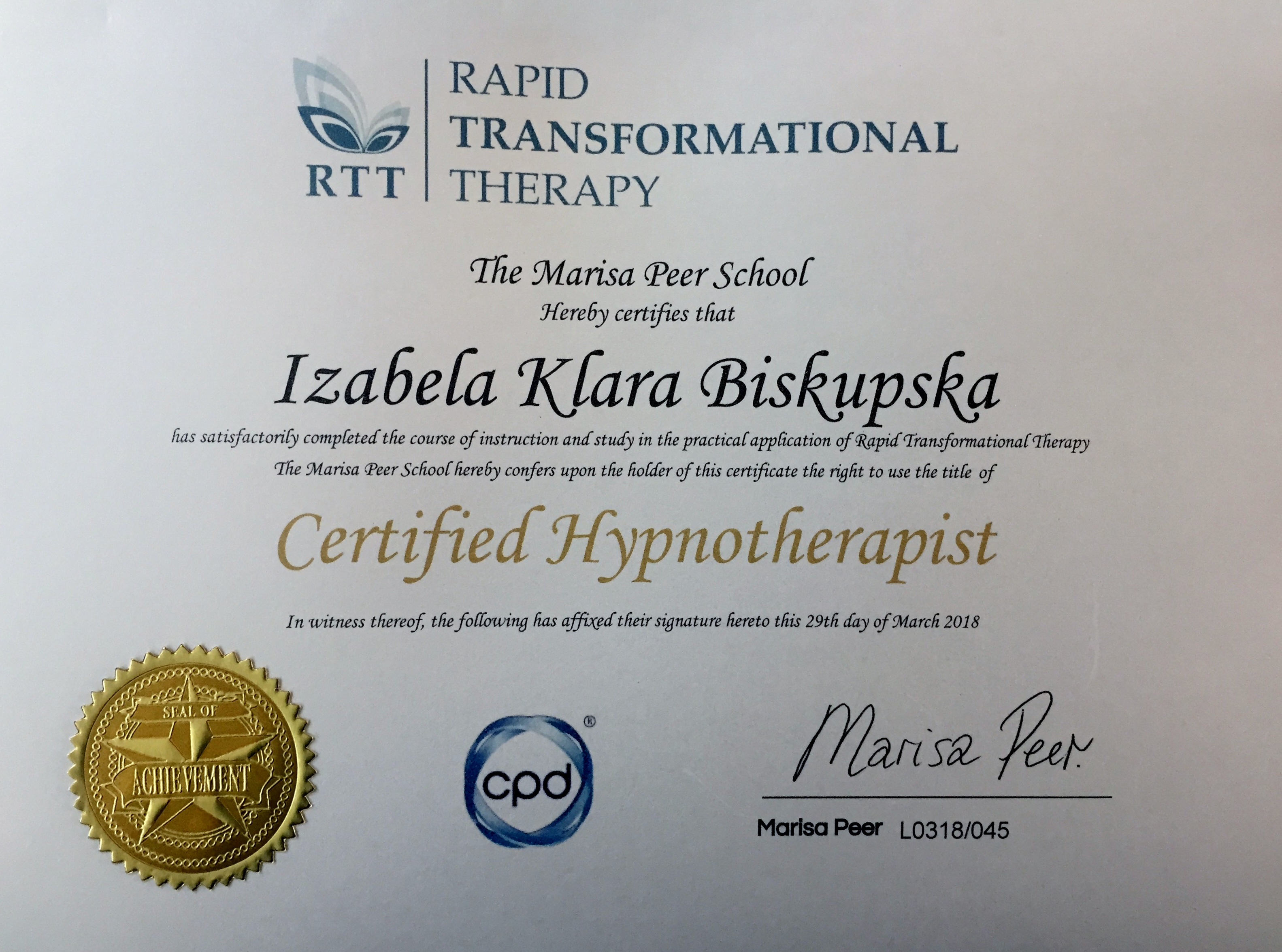 Rapid Transformational Therapy Certificate from The Marisa Peer School - Certified Hypnotherapist